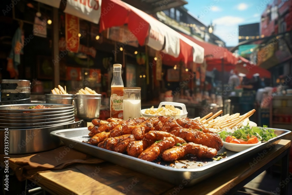 Grilled wings in a market. Thai cuisine and exotic kitchen