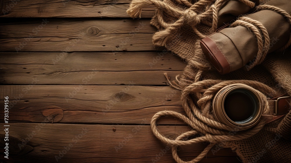 Rustic exploration gear setup with rope on an aged wood surface - obrazy, fototapety, plakaty 