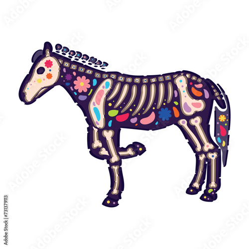 Fototapeta Naklejka Na Ścianę i Meble -  Creepy horse with drawn skeleton on white background. Mexico's Day of the Dead (El Dia de Muertos)