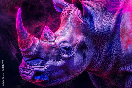 In a mystical forest, a rare purple rhinoceros exhales vibrant pink smoke as it roams with majestic grace among the other wild mammals