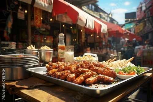 Grilled wings in a market. Thai cuisine and exotic kitchen