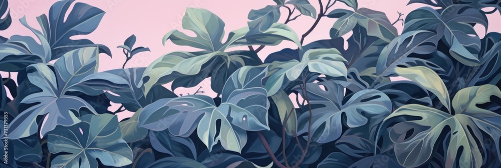 Green leaves and stems on a Mauve background - obrazy, fototapety, plakaty 