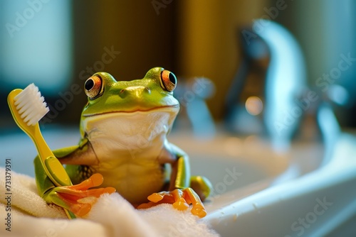 A curious amphibian perches upon a cozy towel, showcasing the true beauty of indoor nature