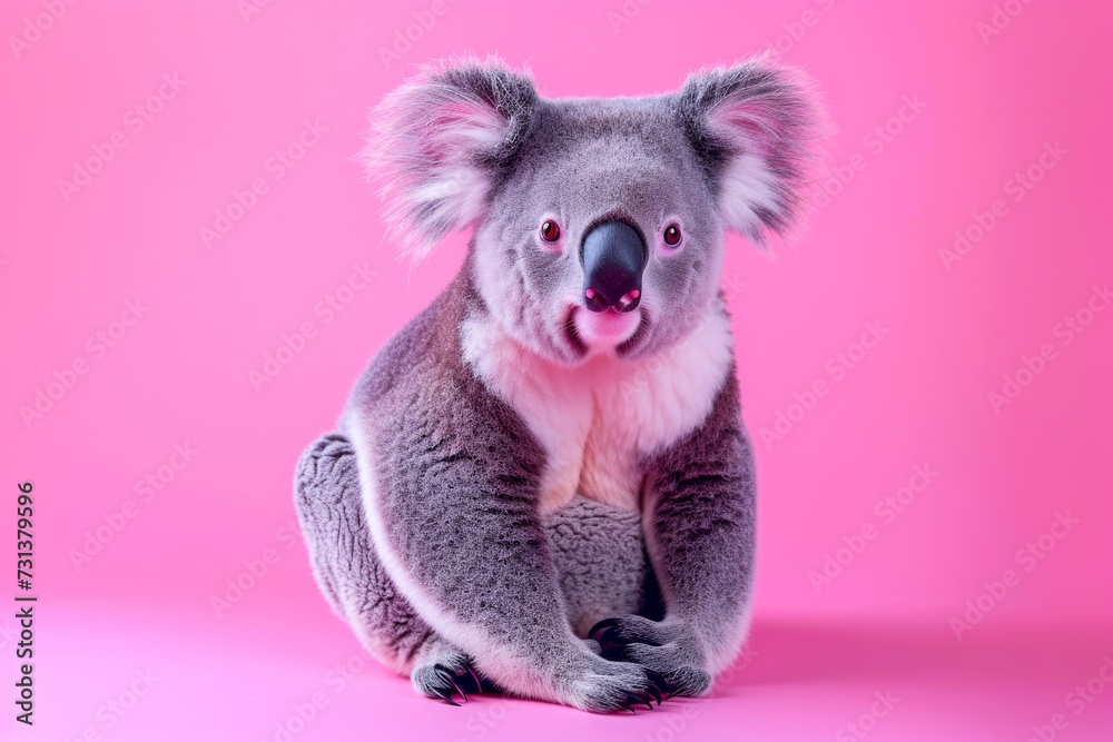 A furry marsupial sits serenely on a bright pink canvas, its snout pointed towards the sky as it embodies the peaceful essence of nature
