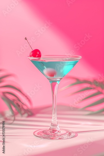 A sparkling red rose floats in a sea of vibrant blue, atop a classic cocktail in a sleek martini glass, embodying the elegance and indulgence of a luxurious evening