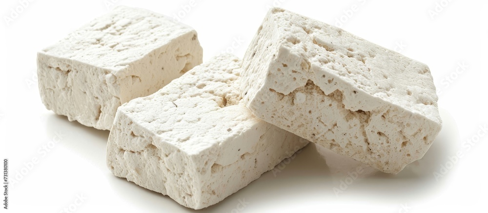 Three cubes of tofu, a popular vegan ingredient, are neatly stacked on a white surface, ready to be used in a delicious recipe or dish. Three cubes of tofu, a popular vegan ingredient, are neatly stacked on a white surface, ready to be used in a delicious recipe or dish.
