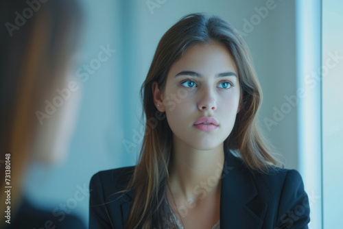 Professional Focus: Young Businesswoman Contemplating in a Modern Office Setting