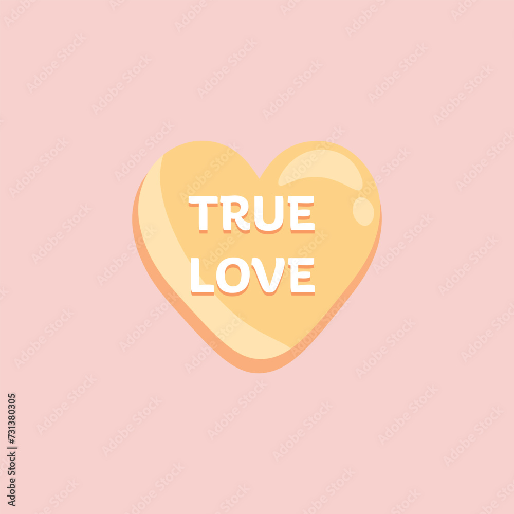 Heart-shaped candy with text TRUE LOVE on pink background. Valentine's Day celebration