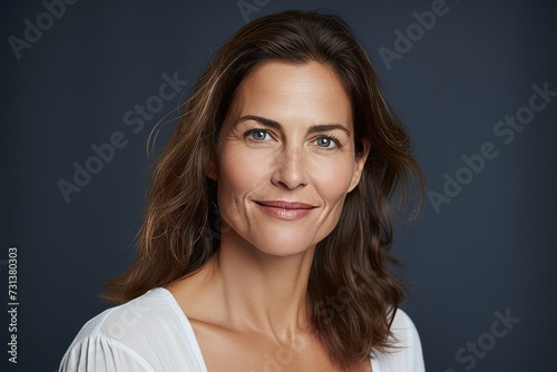 Closeup portrait of beautiful middle aged woman smiling at the camera.