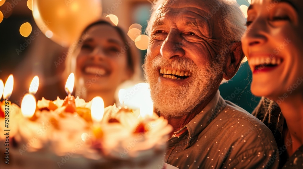 A joyful man celebrates his special day as he gazes at a beautifully decorated cake adorned with flickering candles