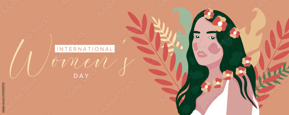 Greeting banner with pretty woman and floral decor on brown background. International Women Day celebration