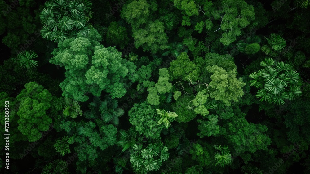 Top-down view of a dense, green tropical rainforest canopy