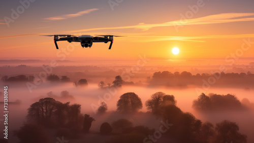 Aerial drone flying in a beautiful sunrise over fog-covered countryside