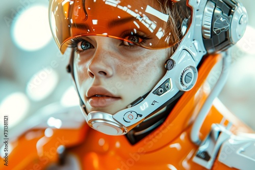 A fierce female athlete confidently dons her orange helmet, ready to take on the ice in her hockey jersey and sports gear, determined to dominate in the rink