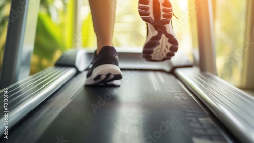 Close-up of feet running on a treadmill in morning light © Artyom