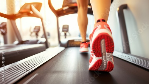 Close-up of athletic shoes on a treadmill, implying motion and fitness