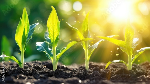 Green corn seedlings growing in rich soil under sunlight