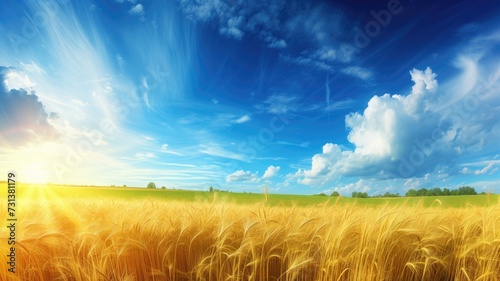 Vast golden wheat field basking under a clear blue sky with clouds