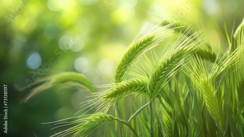 Macro shot of green wheat ears with a soft focus on the sunny background