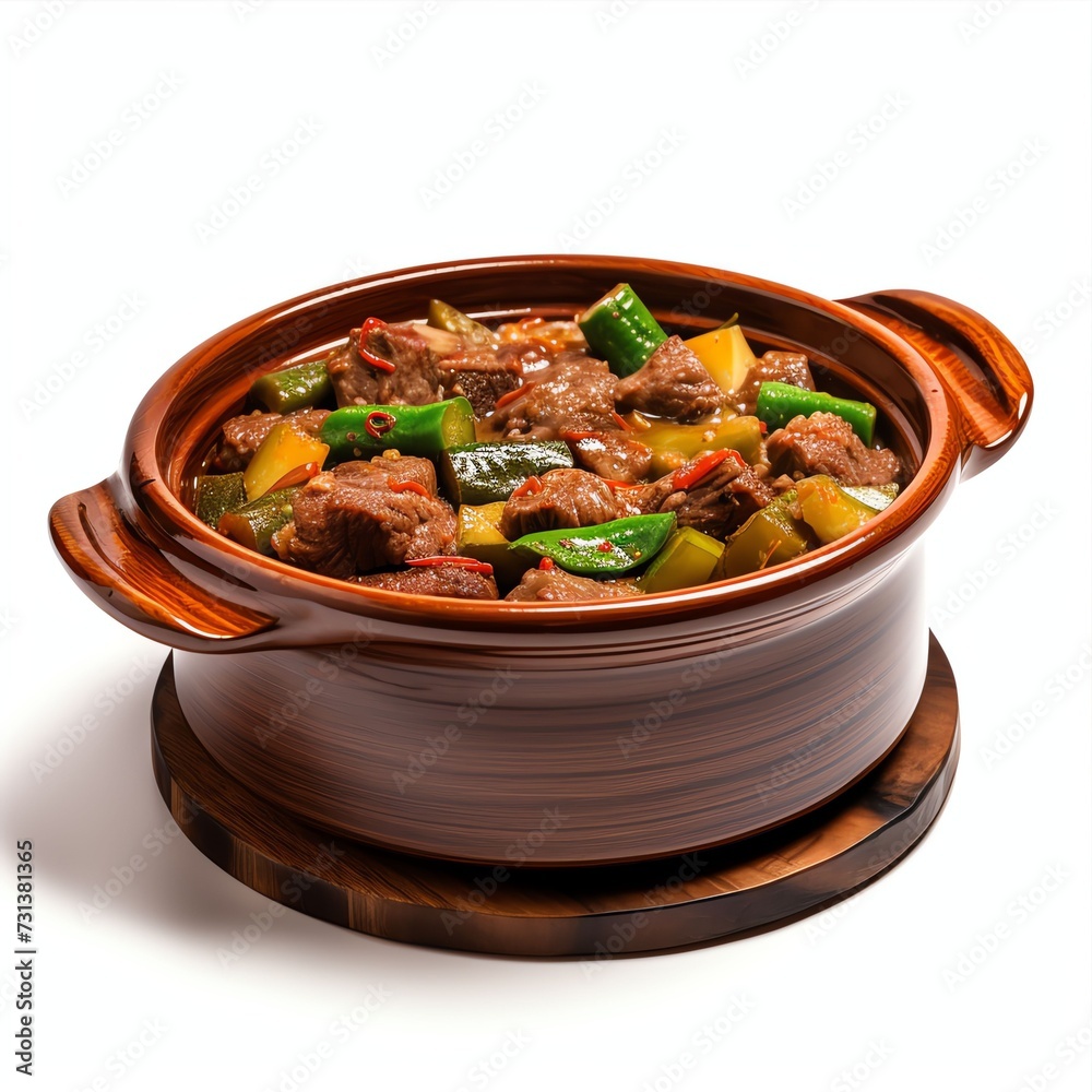 a Hearty Beef and Okra Stew in casserole on wooden table, studio light , isolated on white background a Hearty Beef and Okra Stew in casserole on wooden table, studio light , isolated on white background