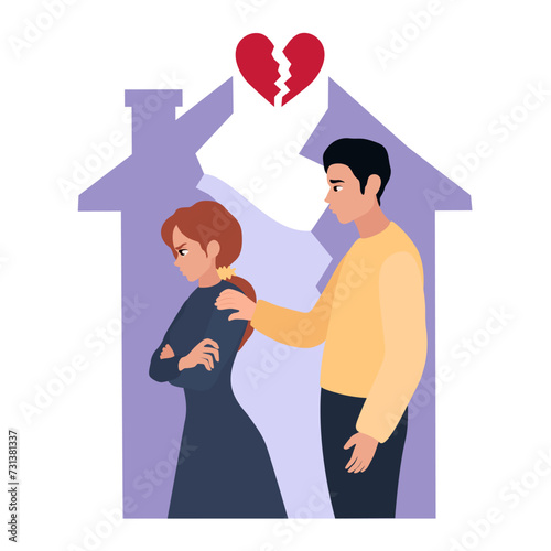 Quarreled couple  and broken heart on white background. Concept of divorce