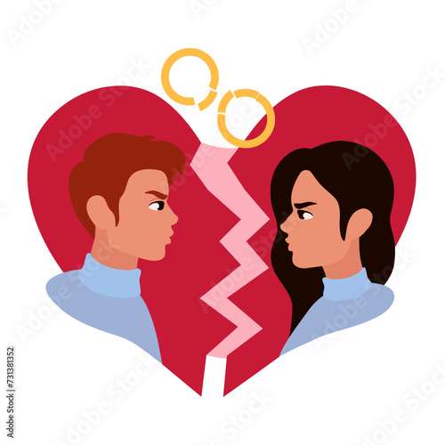 Quarreled couple, rings and broken heart on white background. Concept of divorce