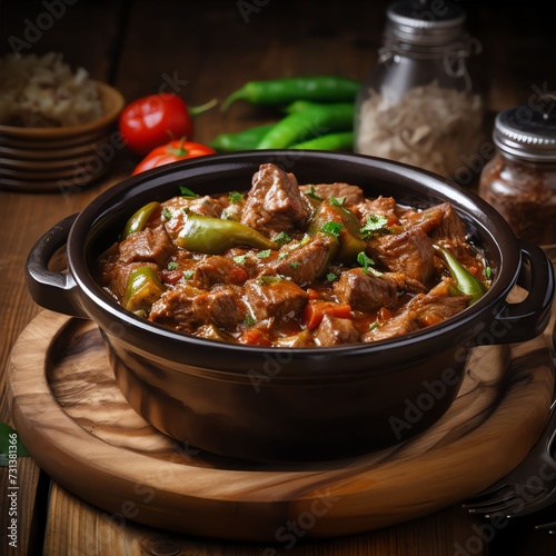a Hearty Beef and Okra Stew in casserole on wooden table, studio light , isolated on white background