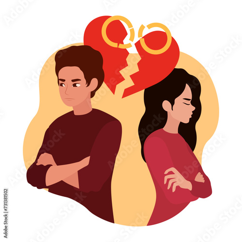 Quarreled couple, rings and broken heart on white background. Concept of divorce