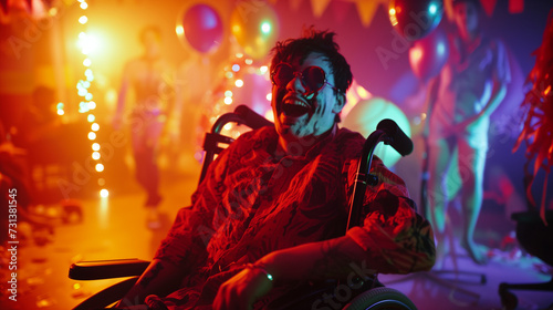 Happy disabled man in a wheelchair in scary fancy dress at a halloween party. Inclusive and diverse workplace culture celebration. AI generated