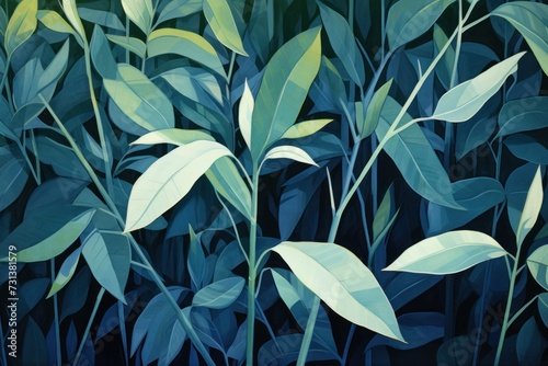 Green leaves and stems on a Sapphire background