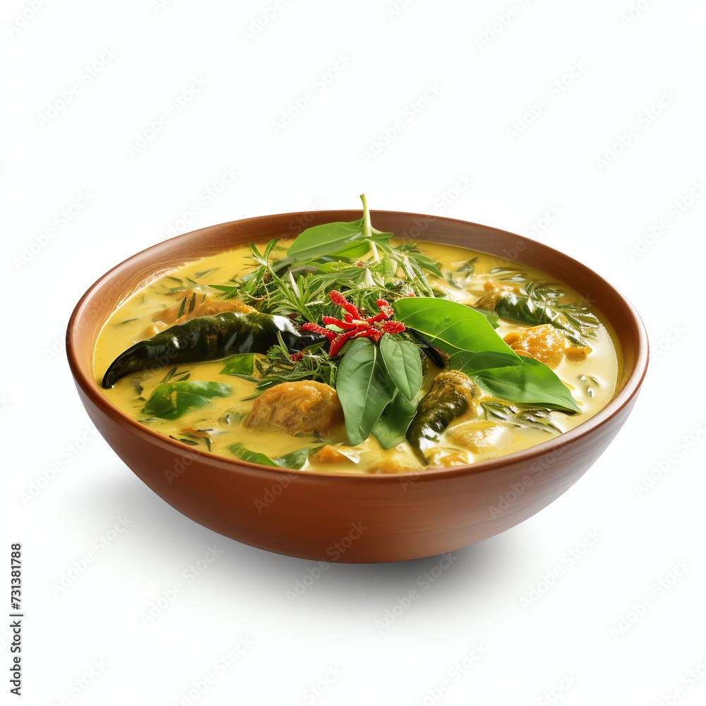 a gulai paku or pakis or curry fern is fern shoots and leafs cooked with curry spices in coconut milk, studio light , isolated on white background - obrazy, fototapety, plakaty 