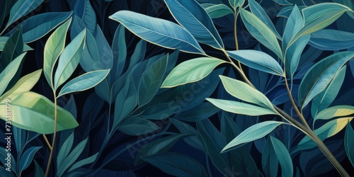 Green leaves and stems on a Silver background