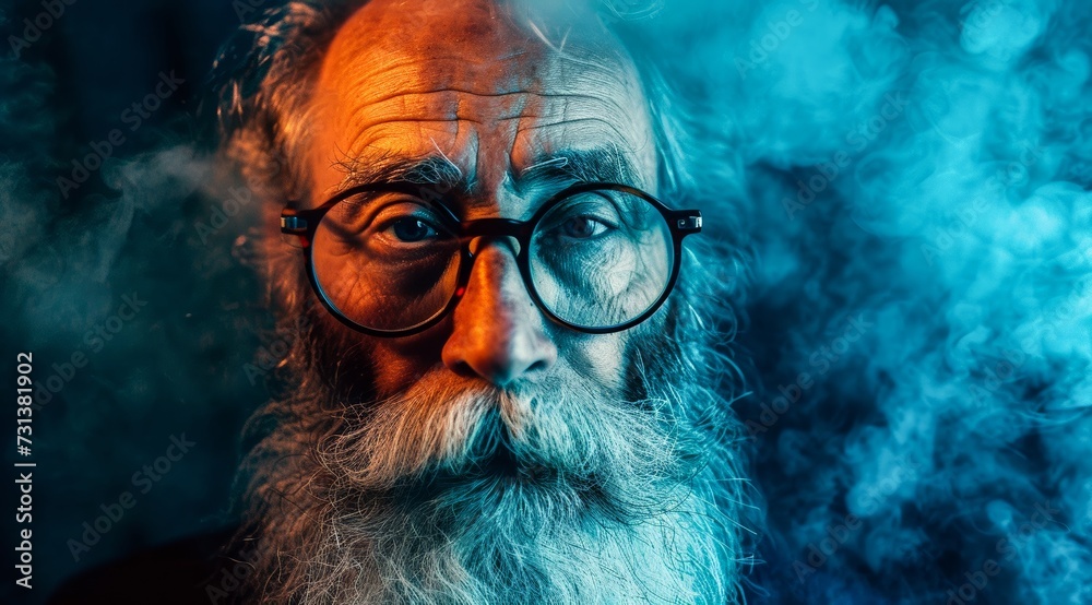 A wise and distinguished gentleman gazes confidently through his glasses, his bearded face adorned with lines of experience and a neatly trimmed moustache A wise and distinguished gentleman gazes confidently through his glasses, his bearded face adorned with lines of experience and a neatly trimmed moustache