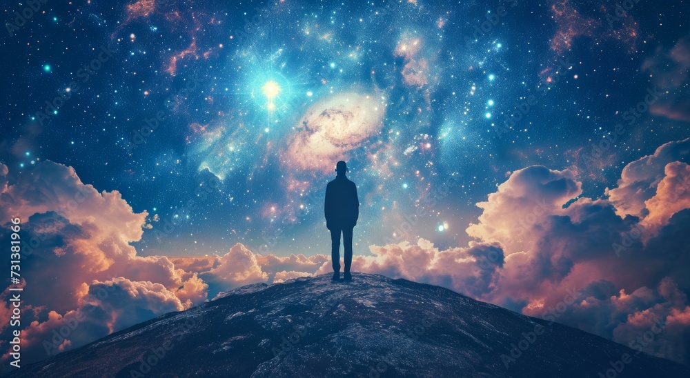 Lost in the vastness of the night sky, a solitary figure stands atop a majestic mountain, gazing in awe at the cosmic dance of stars above the billowing clouds and distant volcanoes