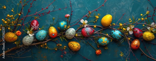 Colorful easter eggs and spring flowers on blue background, panorama. Happy Easter concept