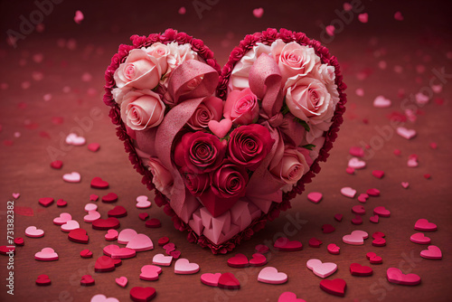 Red and pink roses arranged in the shape of a heart. On a red background with a few hearts