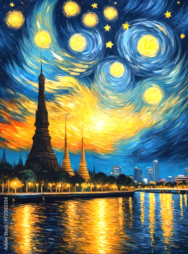 Painting of Wat Arun along the Chao Phraya River in Van Goh style Thailand.
