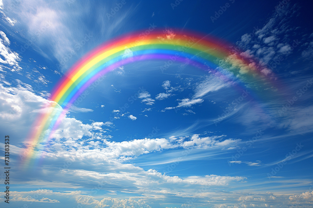 Colorful Rainbow in the Sky, Sunny Blue Sky, Clouds, and Beautiful Arch of Colorful Lights Colorful Rainbow in the Sky, Sunny Blue Sky, Clouds, and Beautiful Arch of Colorful Lights