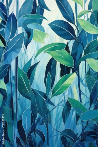 Green leaves and stems on an Emerald background
