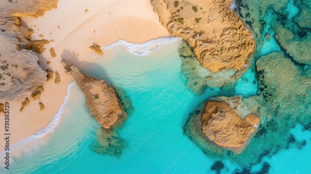 Fototapeta premium Aerial view of a turquoise beach surrounded by cliffs and sand