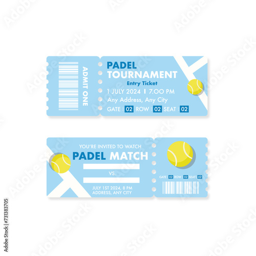 Padel tournament ticket template. Modern vector illustration with text. Ball and court line. Set of sport tickets with blank space.