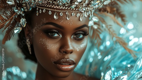 A regal woman exudes confidence and glamour as she dons a dazzling crown adorned with sparkling rhinestones atop her head, making a statement with her fashion accessory and captivating the viewer wit