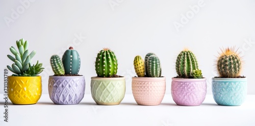 A charming display of miniature cacti nestled in flowerpots, adding a touch of greenery and desert vibes to any indoor space photo