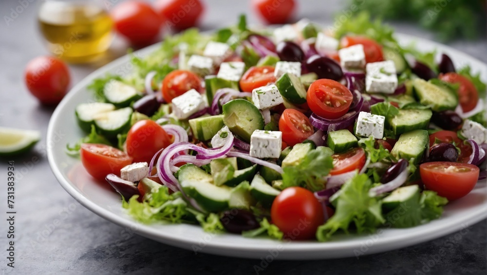 Greek salad with feta cheese, close up view