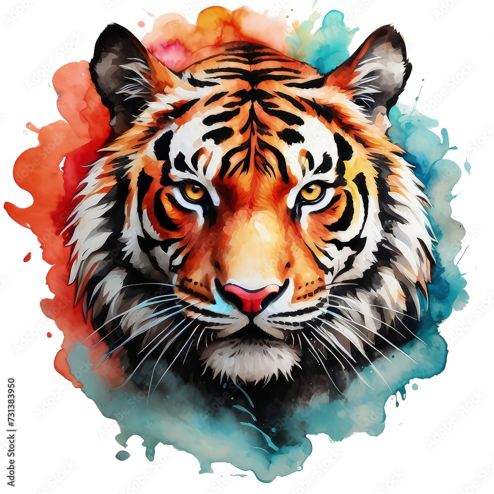 Naklejka premium Watercolor Tiger,animal, wildlife, colorful , vibrant, home decor, wall art, art print, digital art,Illustration Isolated on Transparent Background