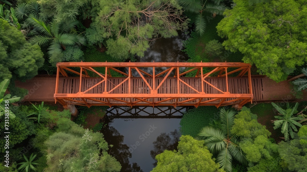 Wooden bridge crossing lush jungle river Wooden bridge crossing lush jungle river