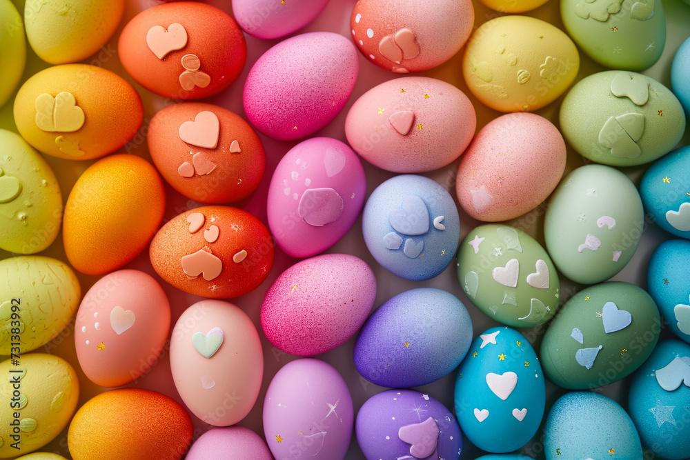 background of rainbow-colored Easter eggs seen from above. The colors are bright and cheerful, and there are hearts and stars on the eggs background of rainbow-colored Easter eggs seen from above. The colors are bright and cheerful, and there are hearts and stars on the eggs