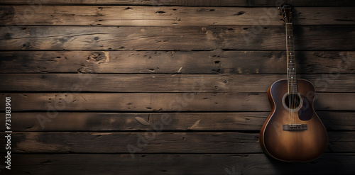Acoustic guitar resting against a dark, rustic wooden backdrop © Татьяна Макарова