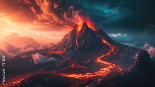 Volcanic eruption with flowing lava and ash cloud