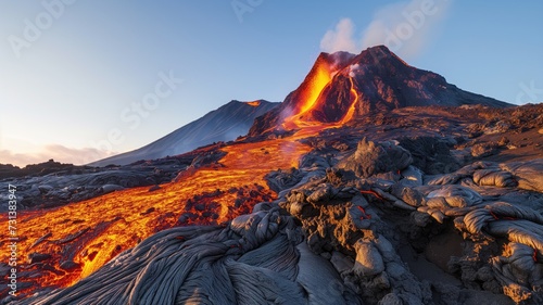 Sunrise illuminating dynamic volcanic lava flows